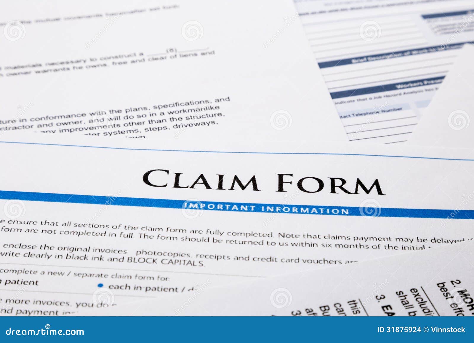 Conceitos do formulário de reclamação, do documento e do documento jurídico, do acidente e do seguro