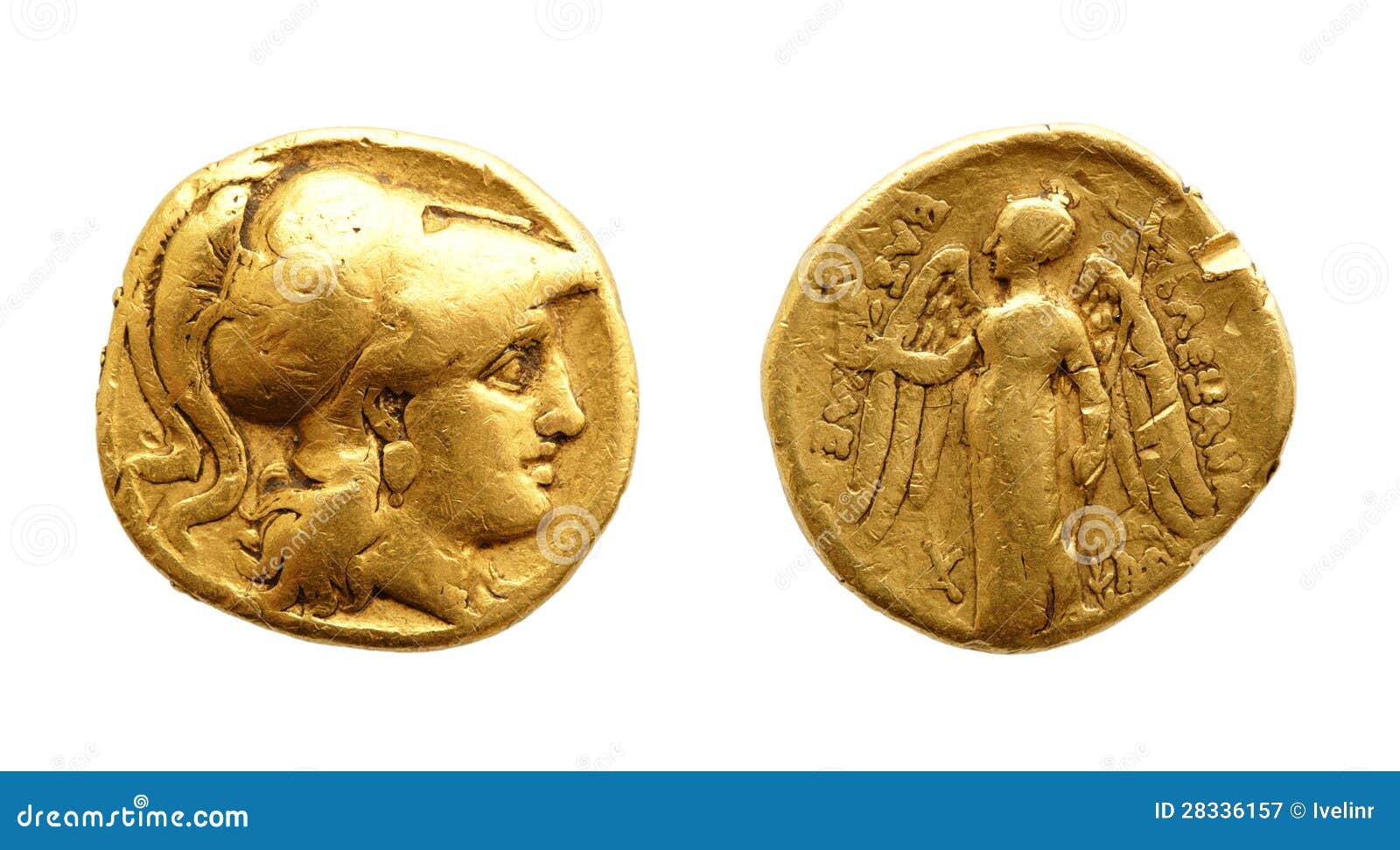 De två sidorna av ett forntida guld- myntar isolerat på vit.