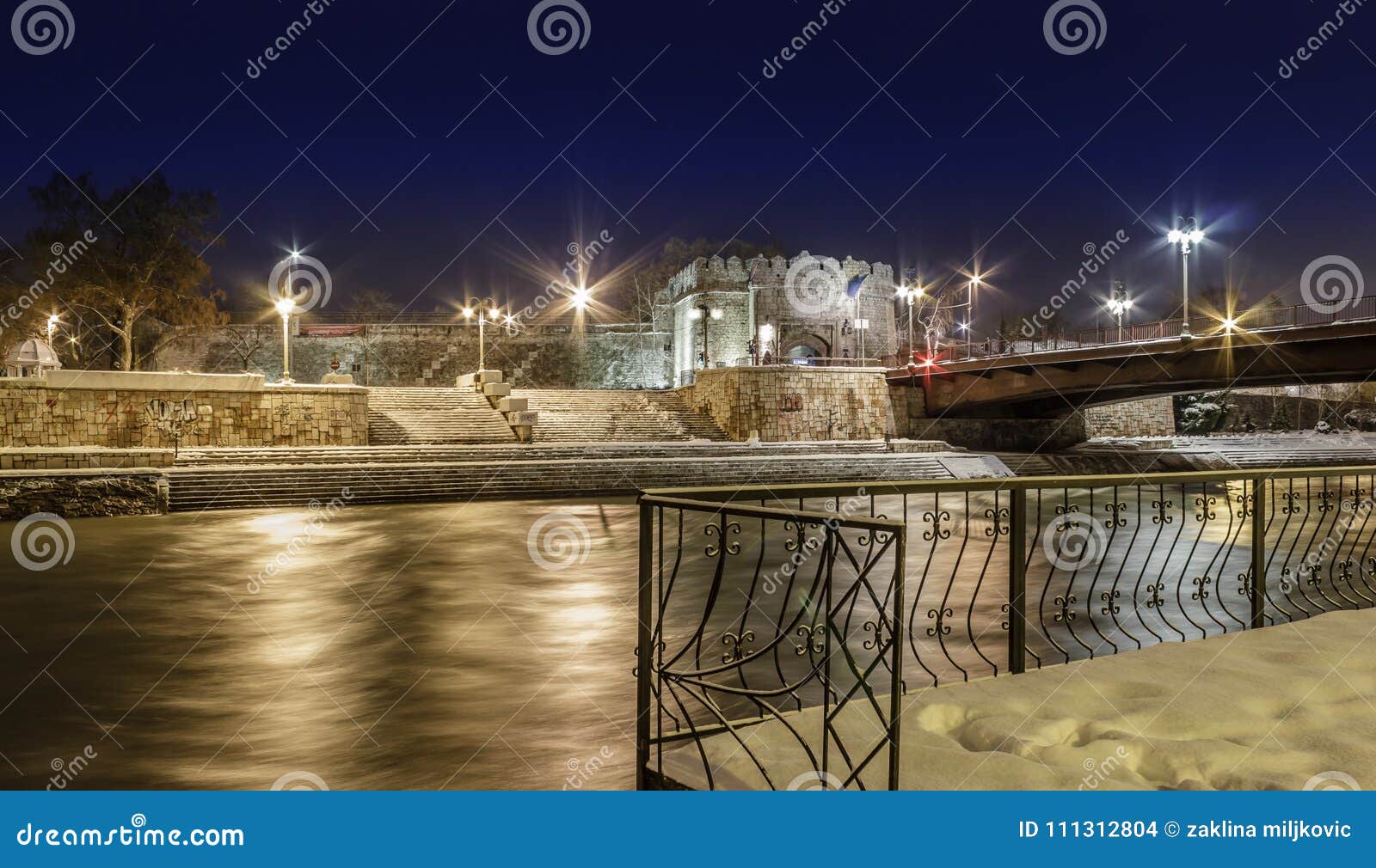 fortress of nis and river nisava at winter night