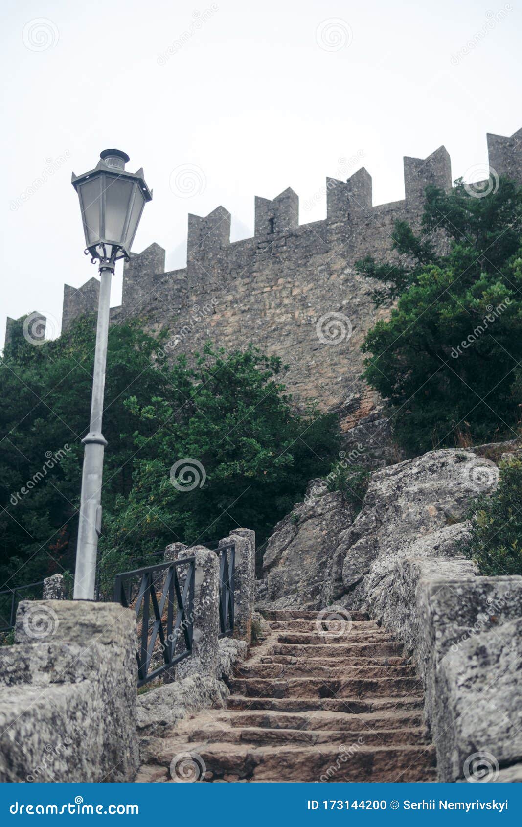 The Fortress, Steps, Stairs and Street Lamp. Mystical Atmosphere, Fog