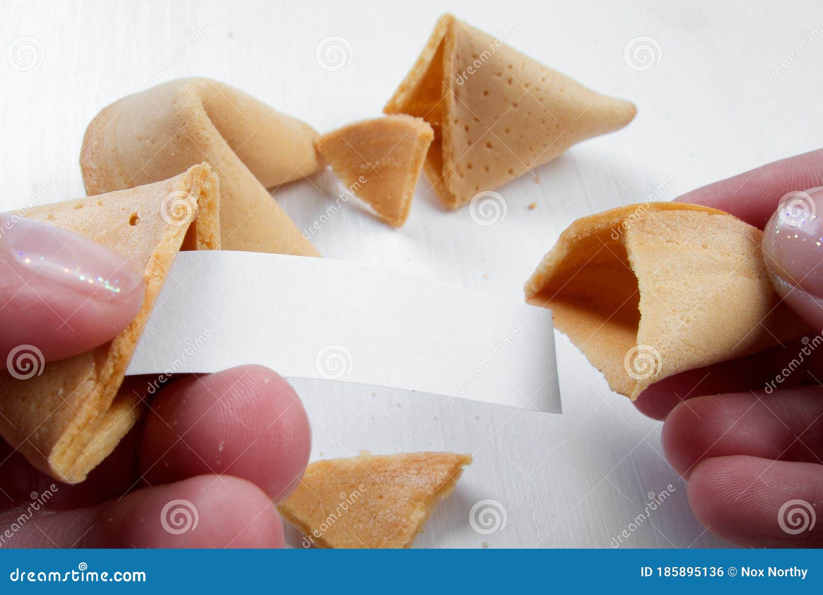 fortune cookies in hands with advices, motivation mottos and blank space for copy.