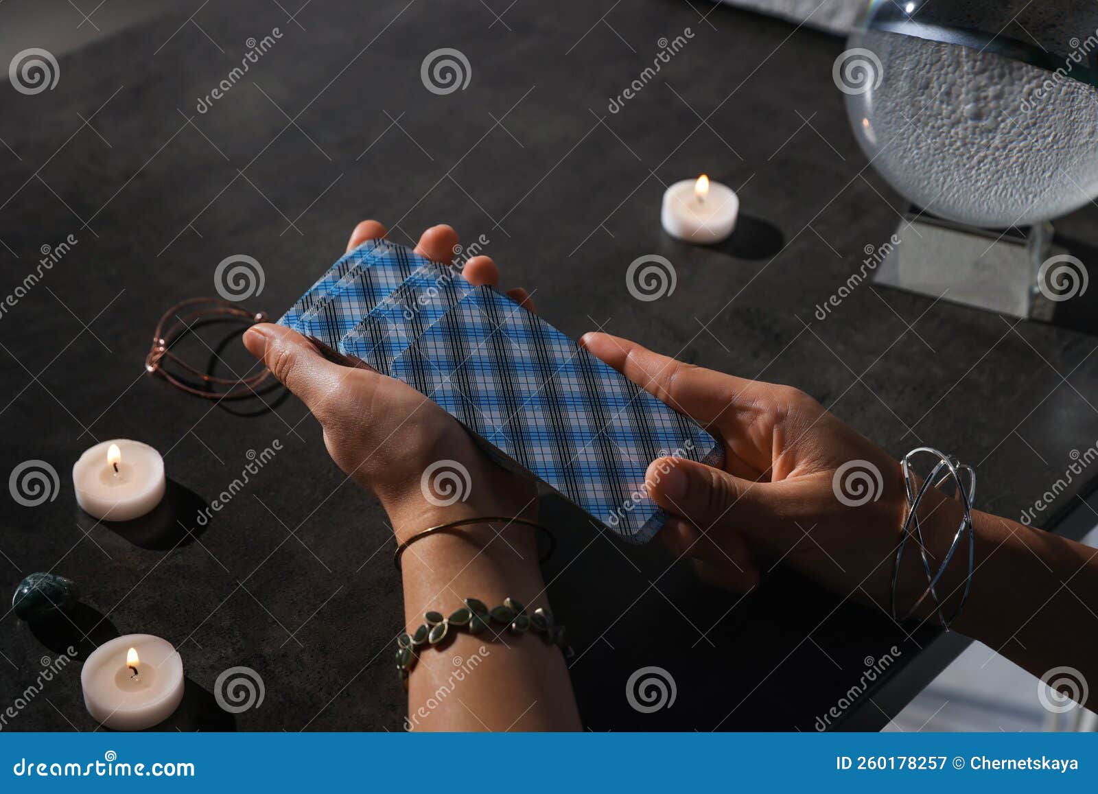 Fortune Teller with Deck of Tarot Cards at Grey Table, Closeup Stock Image Image of cards