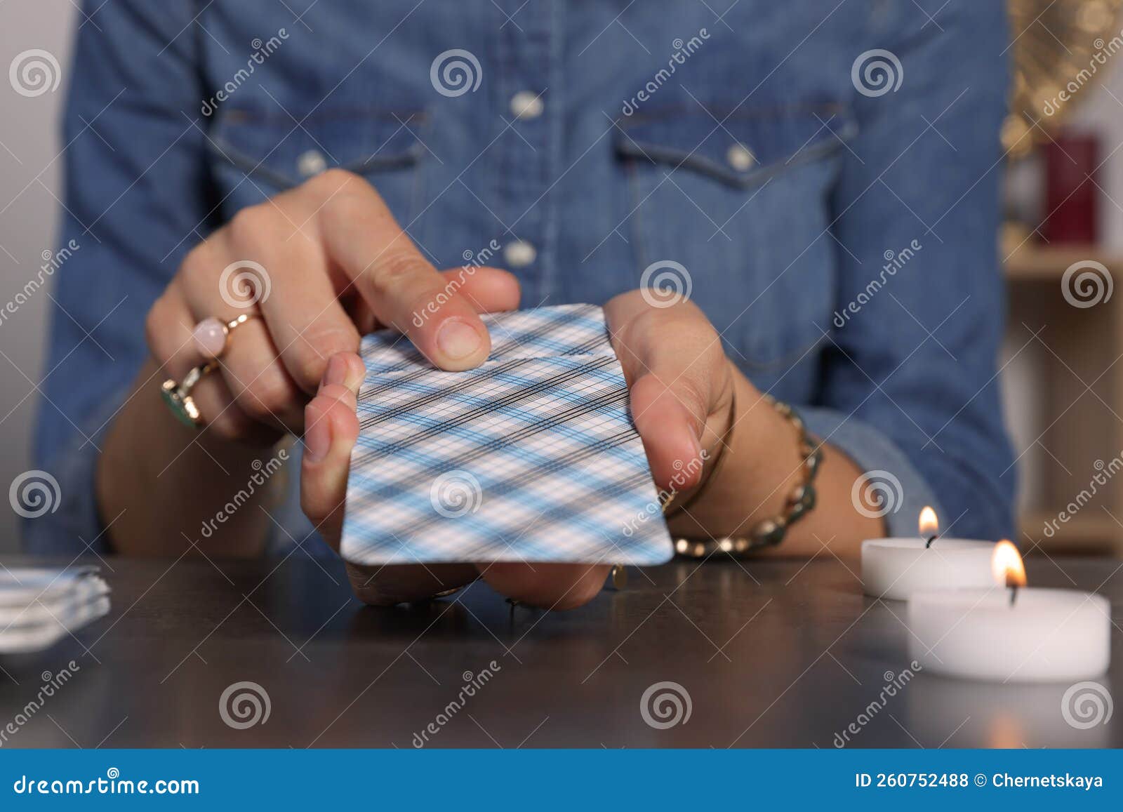 Fortune Teller with Deck of Tarot Cards at Grey Table Indoors, Closeup Stock Photo Image of