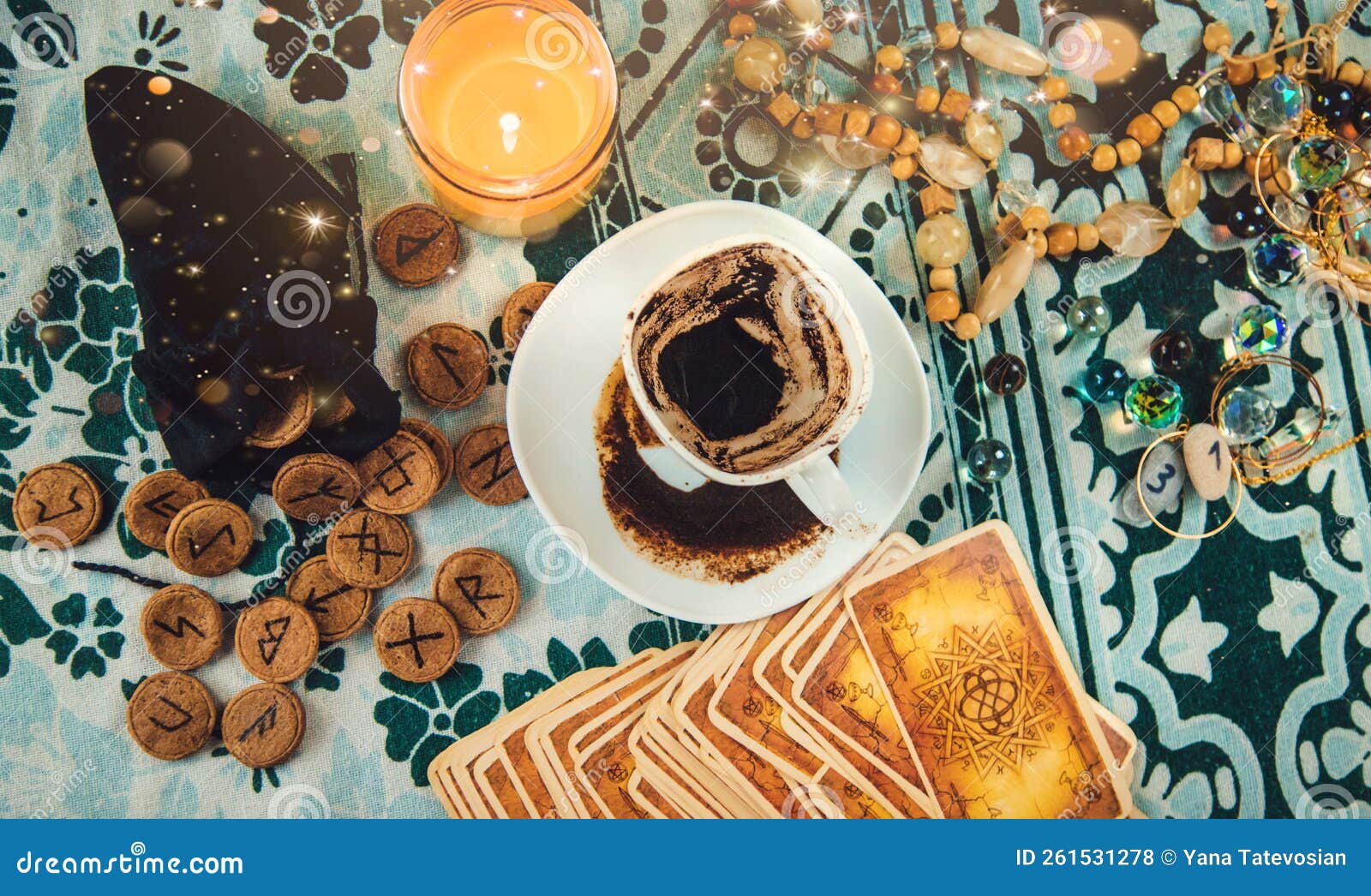 Fortune Telling on Coffee Grounds and Tarot Cards. Selective Focus Stock Photo Image of