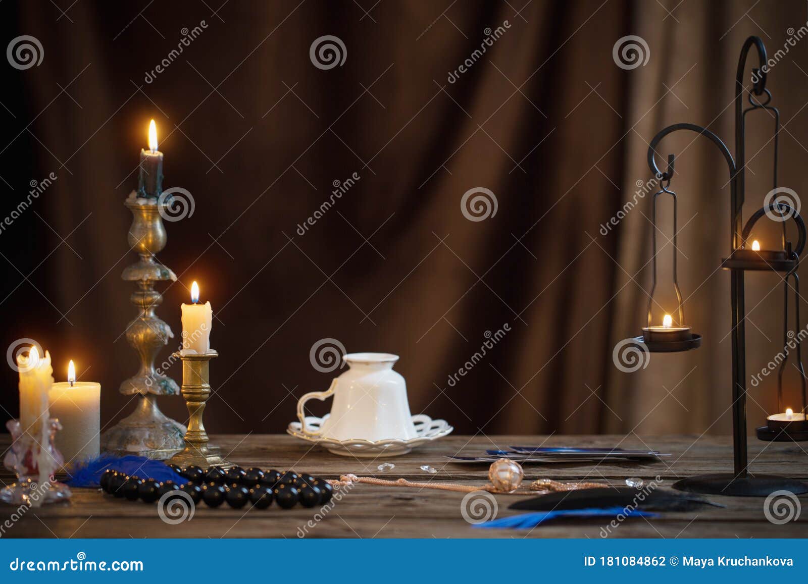 with Cup of Coffee and Cards on Wooden