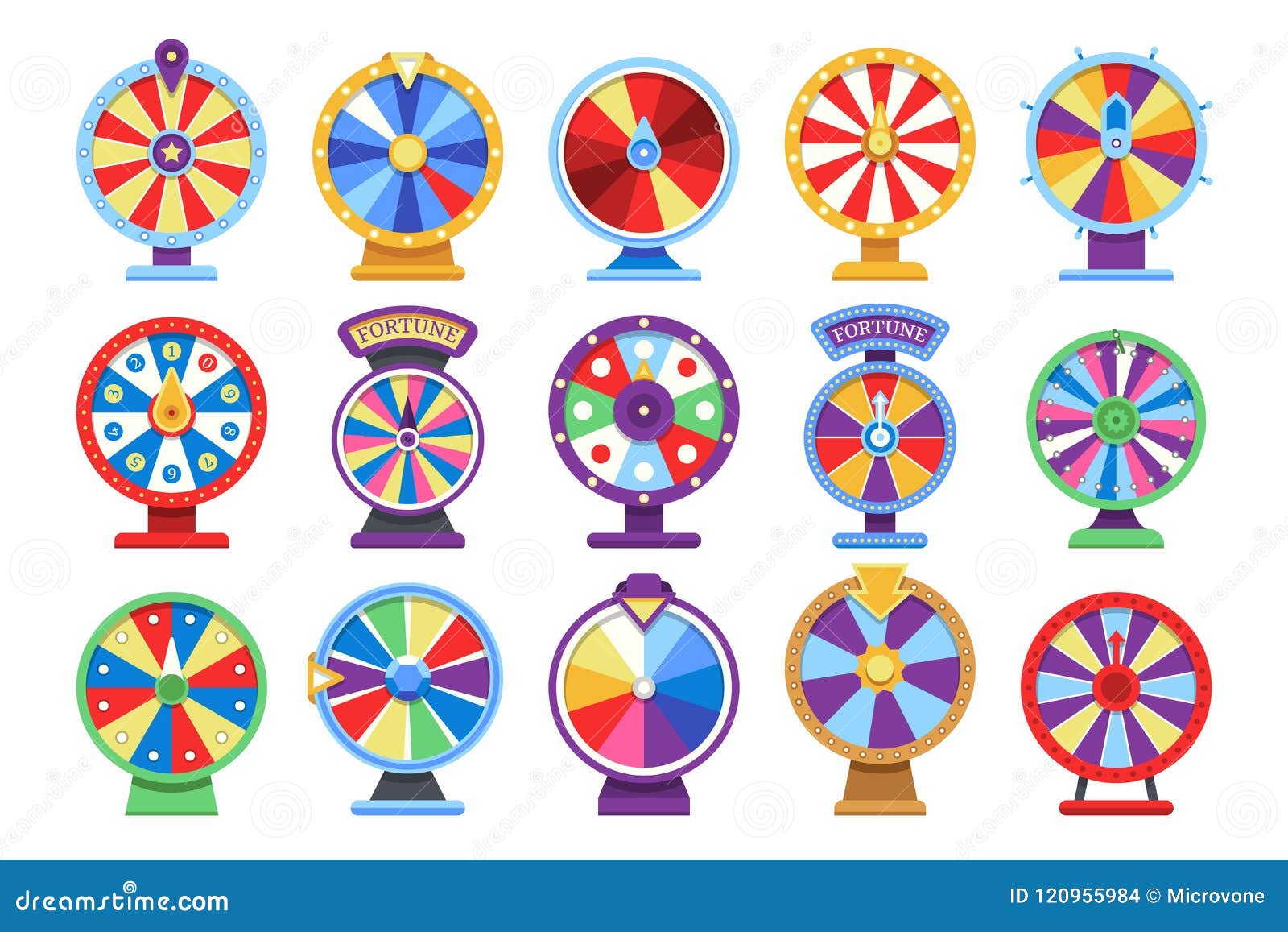 fortune wheels flat icons set. spin lucky wheel casino money game s