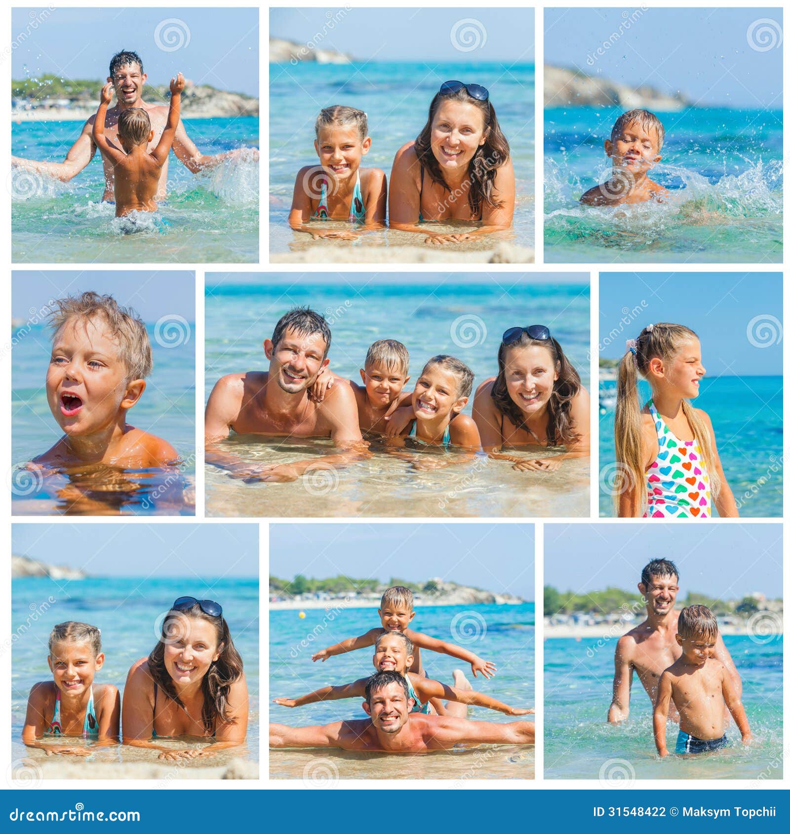 Foto van gelukkige familie op het strand. Collage van beeldenportret van gelukkige familie die en camera op het strand lachen bekijken