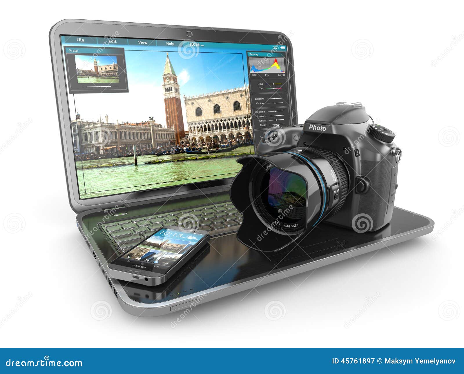Fotocamera, laptop en mobiele telefoon Journalist of reizigersmateriaal 3d