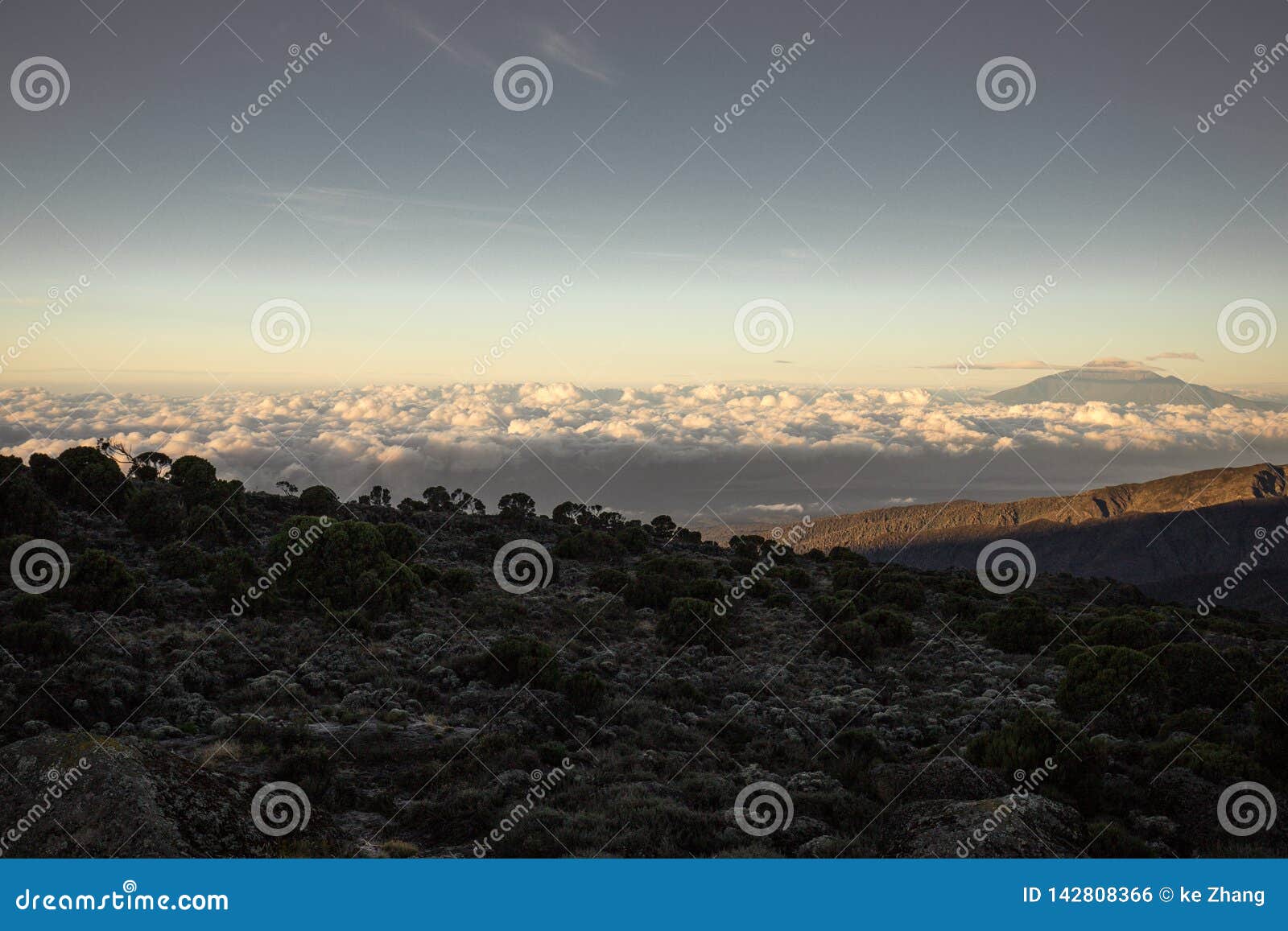 Fotvandra upp Mt Kilimanjaro Tanzania. Sikter av mt-kilimanjaroen på vägen som upp till klättrar toppmötet