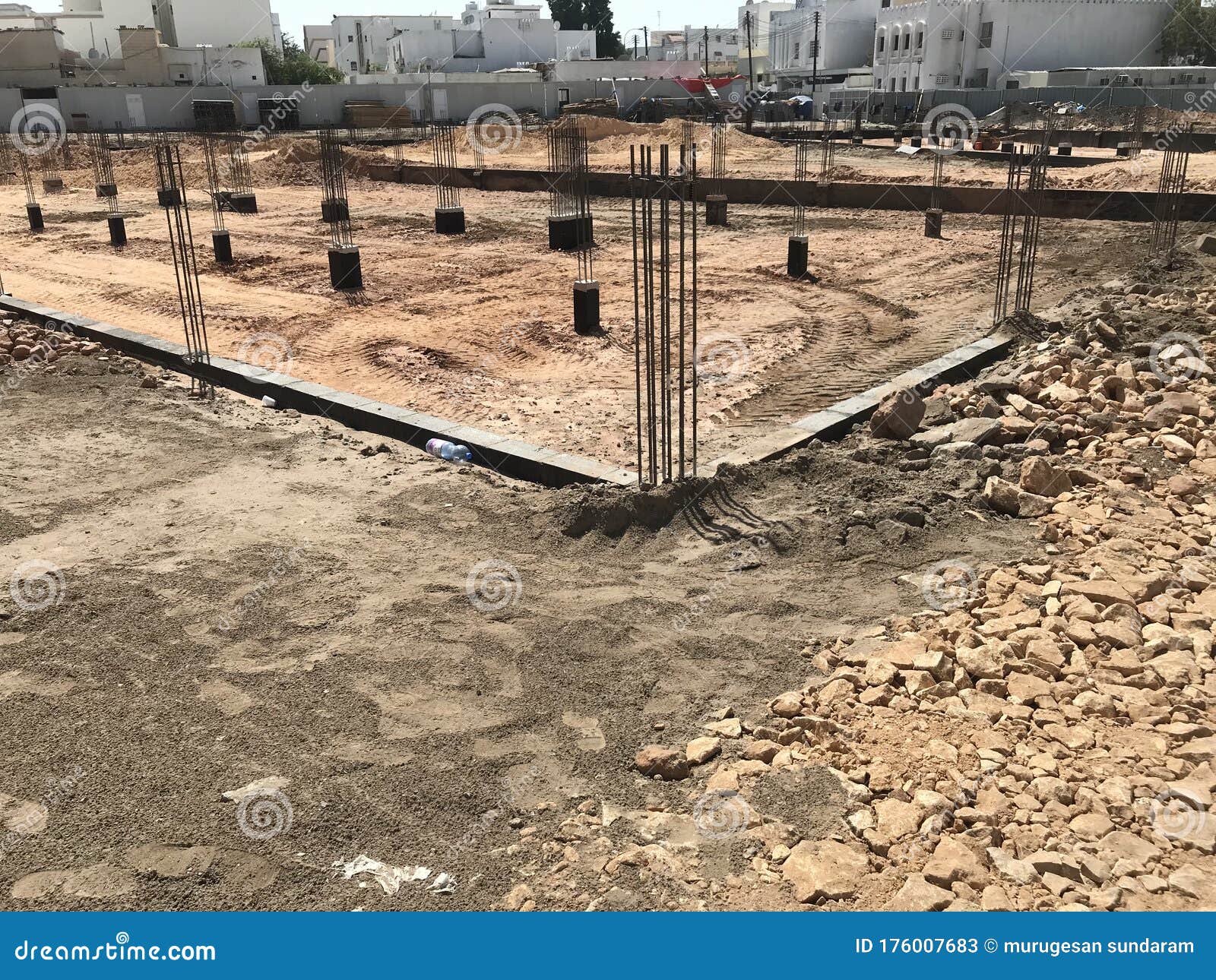 Foundation Construction Works Includes Sand Filling Pedestal Concrete Beam Reinforcement And Consolidation Works For An House Stock Image Image Of Buildings Cement 176007683