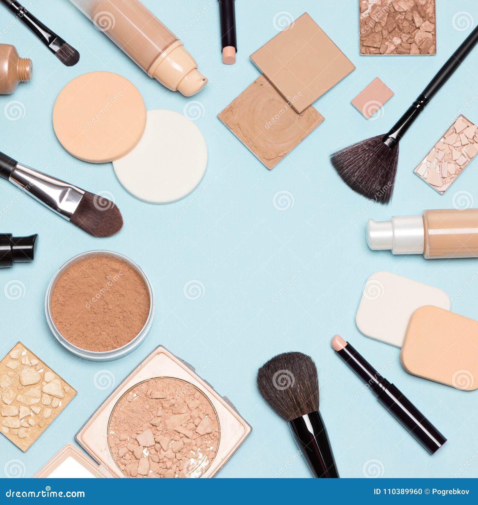 Foundation Makeup Products Flat Lay with Copy Space Stock Photo Image
