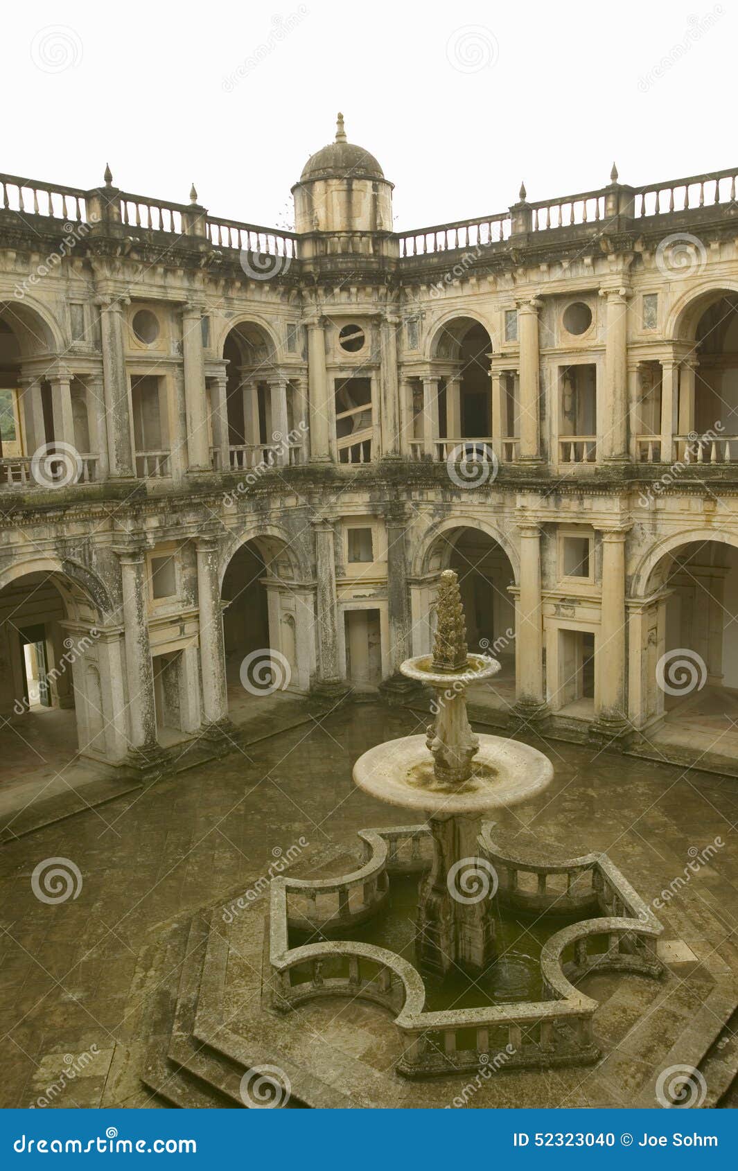 fountain in courtyard of convent of the knights of christ and the templar castle, founded by gualdim pais in 1160 ad, is a unesco