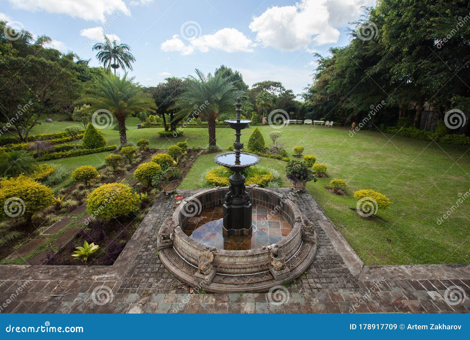 Fountain Garden and Palm Trees Mauritius Island. Stock Image Image of