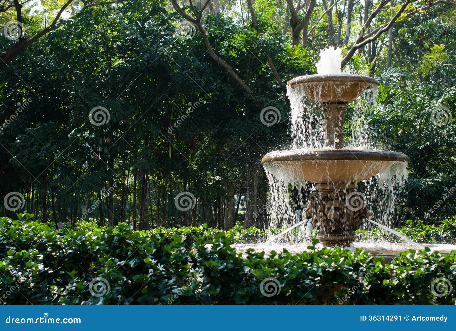 Fountain in garden stock image. Image of water, green 36314291