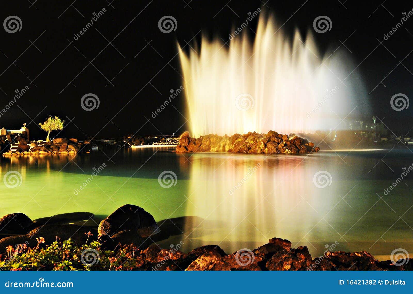 Fountain in the lake stock photo. Image of summer, night 16421382
