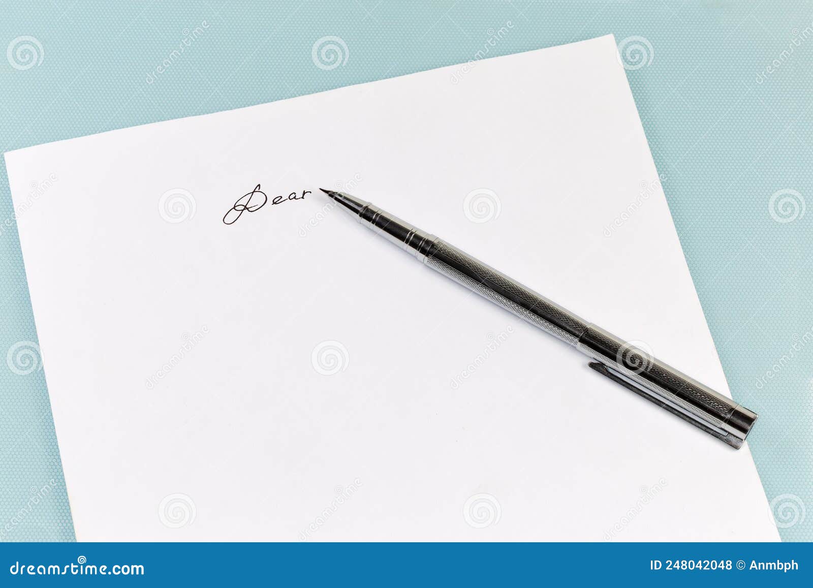 Fountain Pen Lie on Paper Sheet with Written Salutation Word Stock Photo -  Image of formal, metal: 248042048