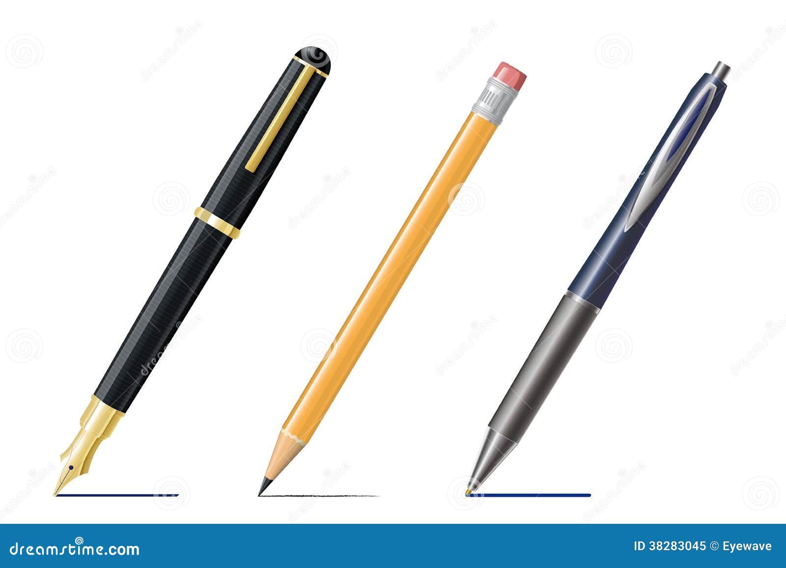 Fountain Pen, Pencil And Ballpoint Drawing Lines Stock