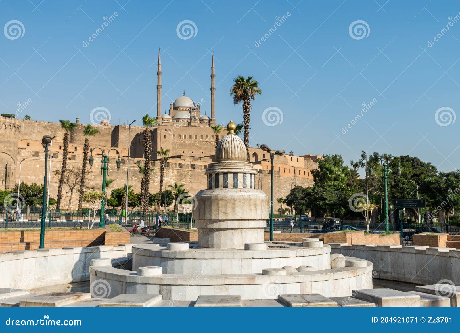 fountain in salah el-deen square and mosque of muhammad ali pasha or alabaster mosque saladin citadel of cairo a unesco as a part
