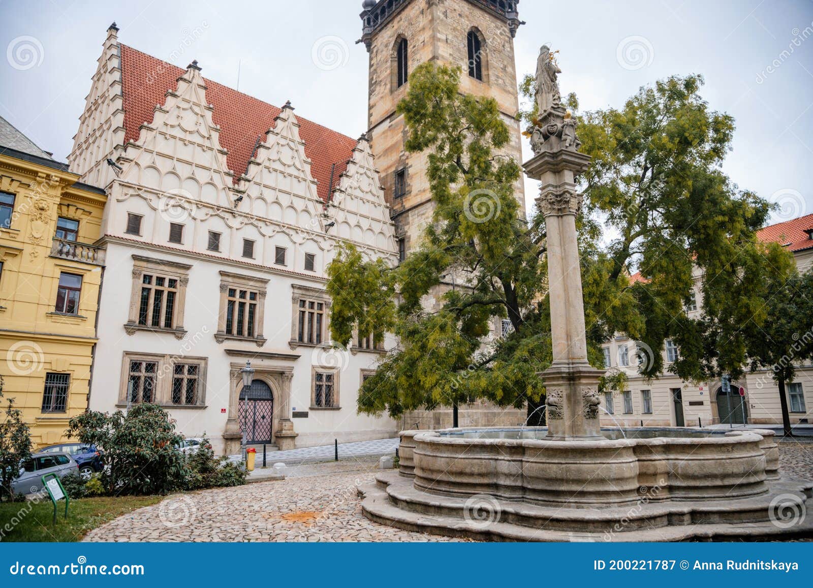 fountain with a statue of st. josefa at charles square near gothic and renaissance new town hall novomestska radnice in the