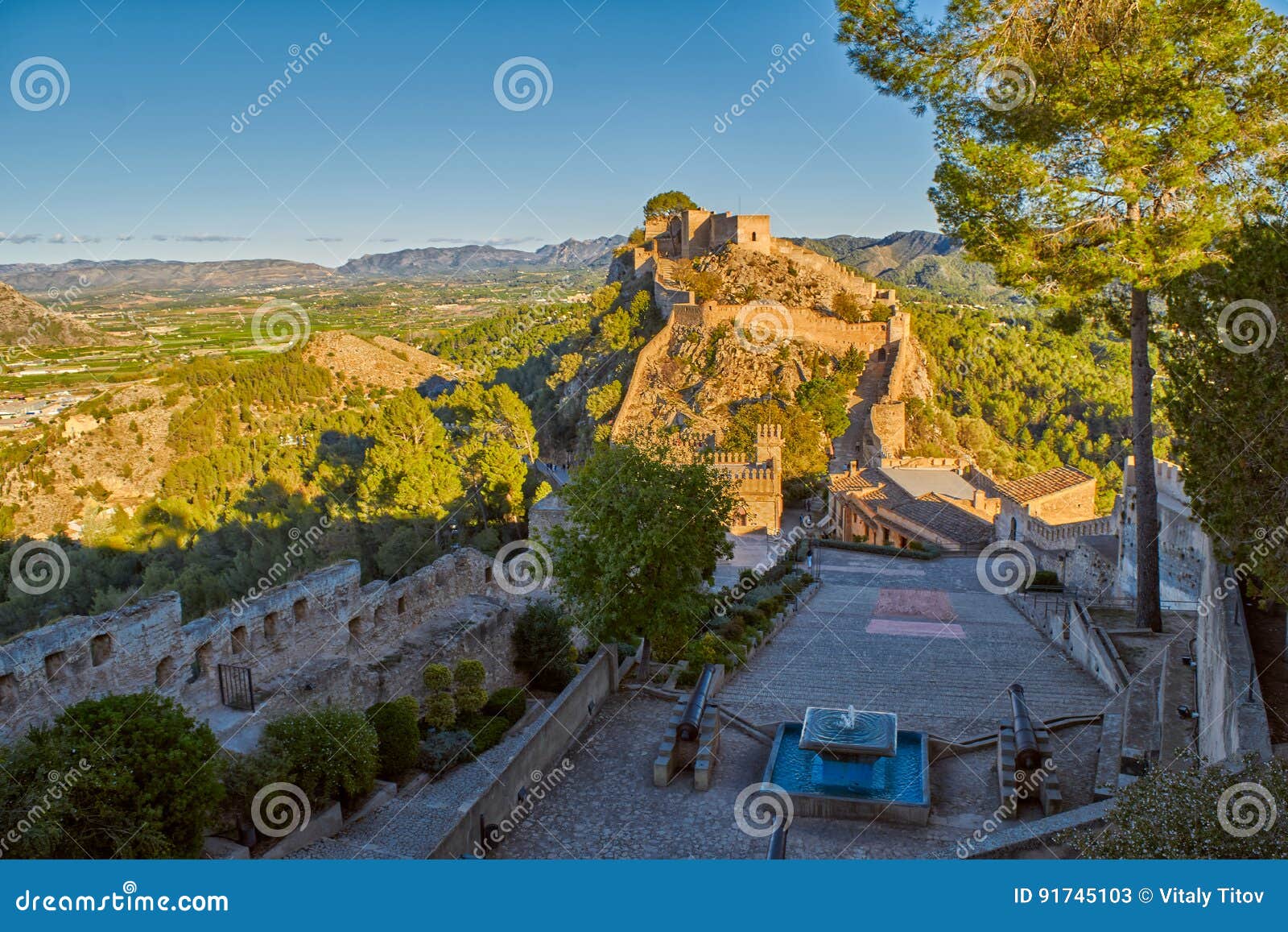 Fountain in Xativa Castle of Spain at Sunset Stock Image Image of
