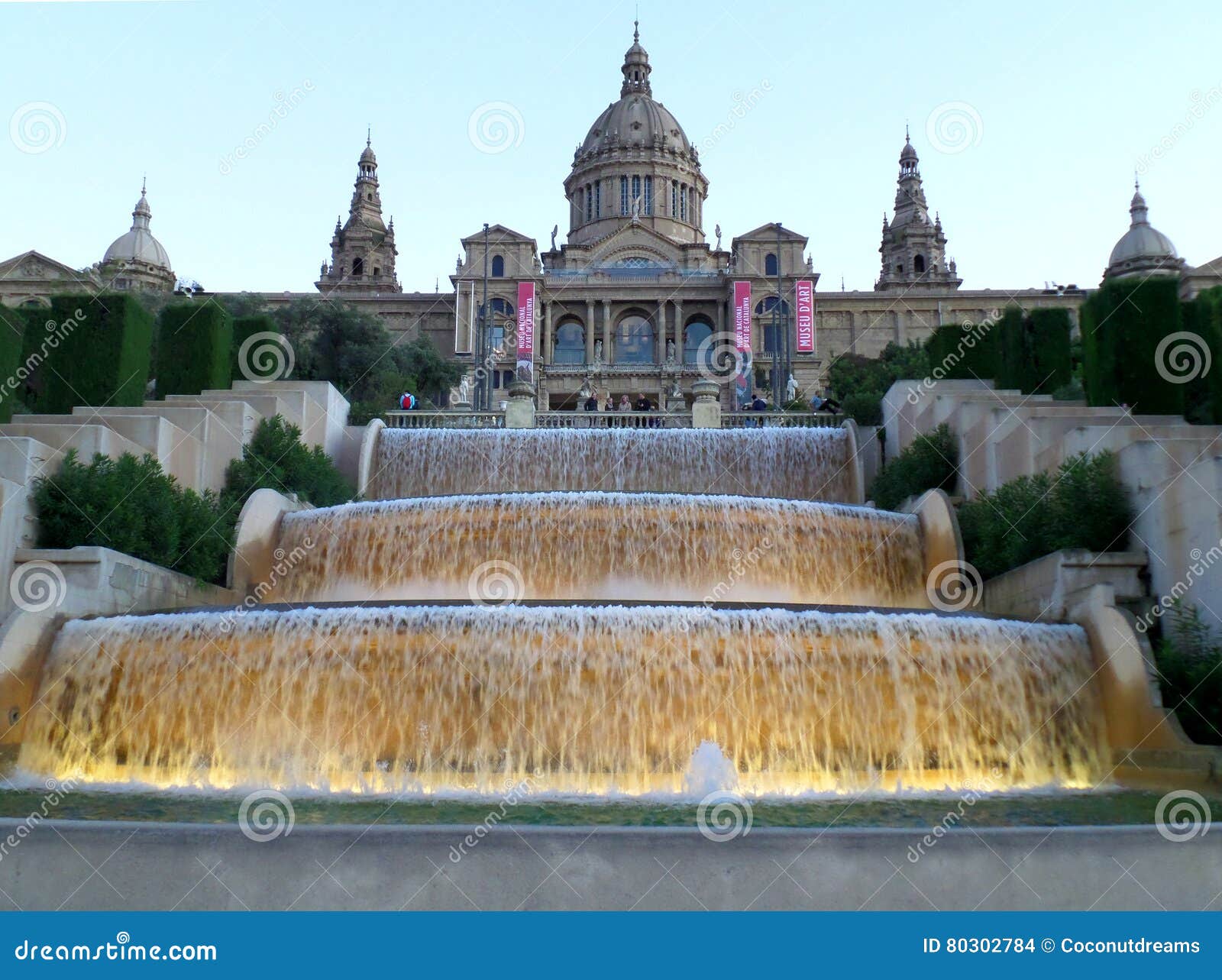 Fountains in Front of a Building in Barcelona Editorial Stock