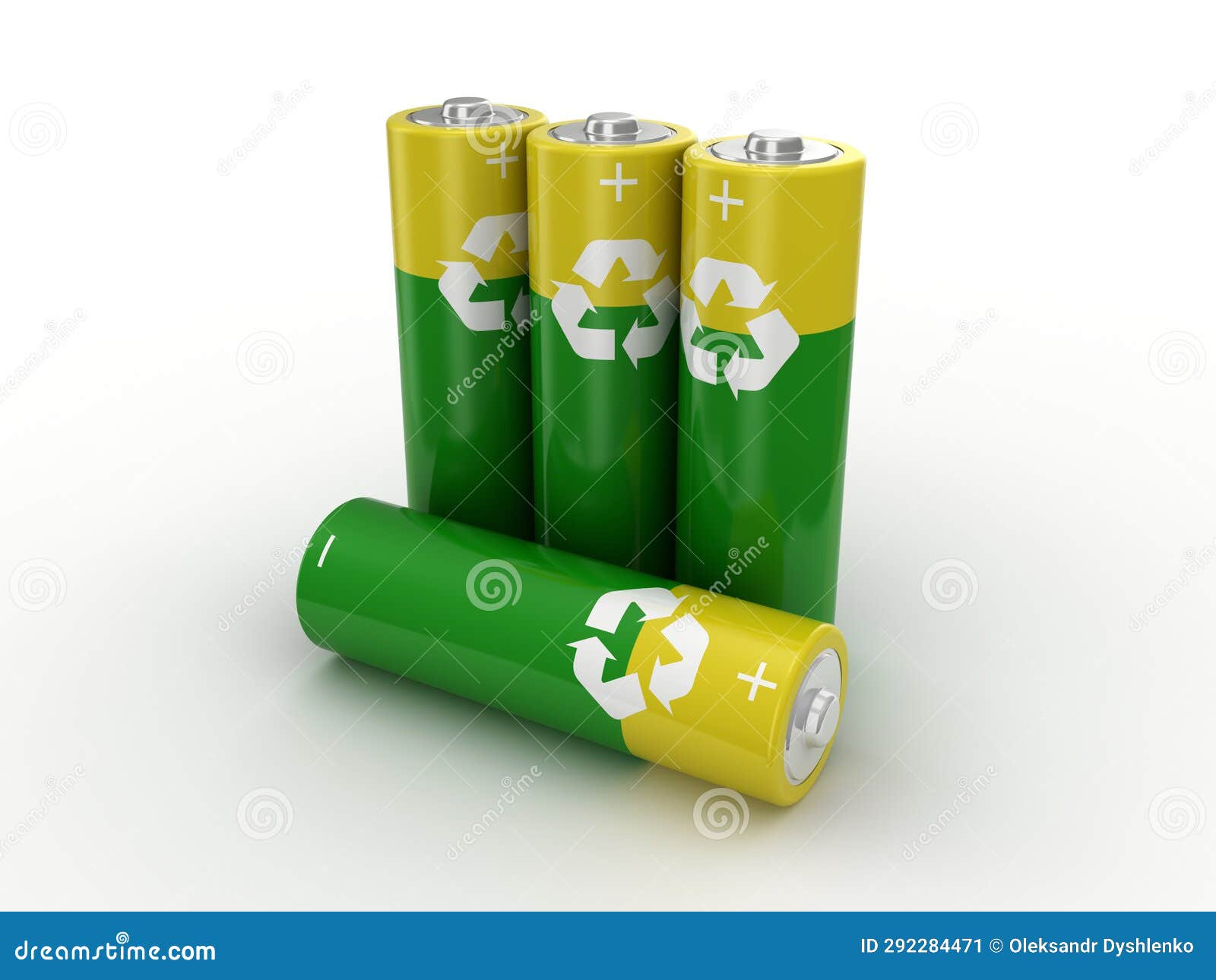 Four AA Batteries Green. 3d Rendering on White Background Stock