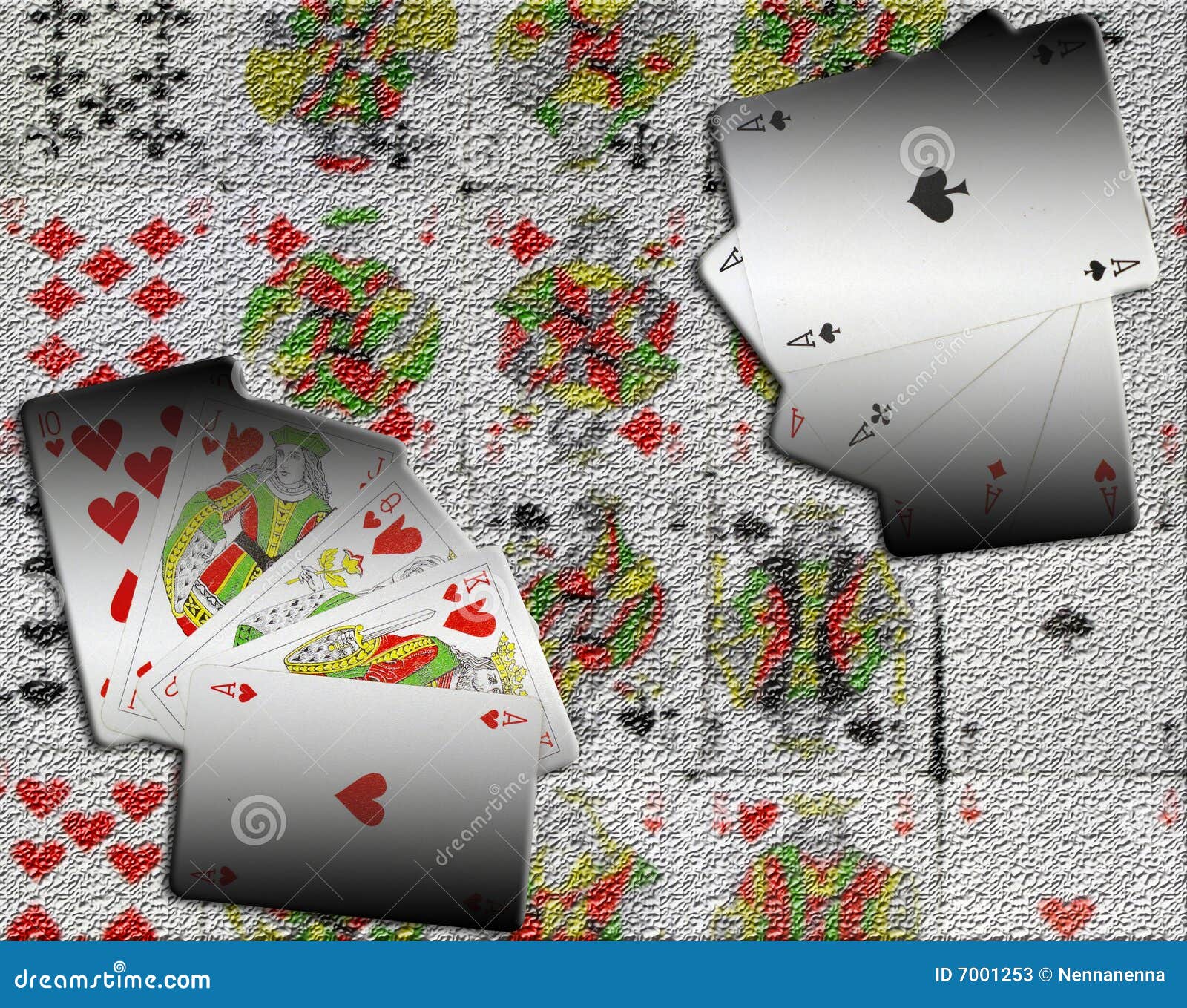 Four Aces and Flush Royal Placed on the Colorful Stock Illustration