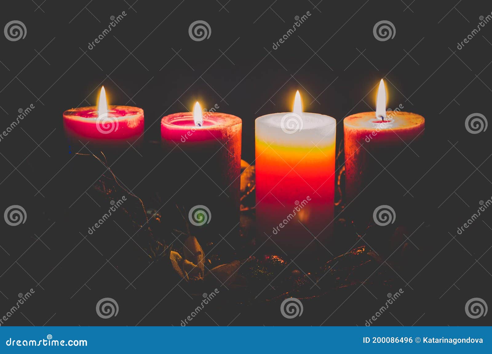 Four Advent Candles Burning on Black Background Stock Photo Image of