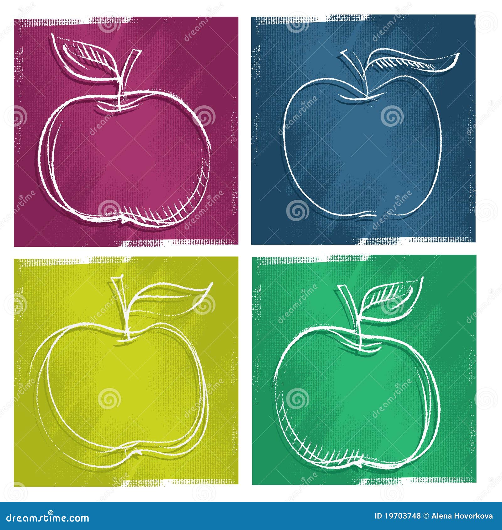 four apple icons, freehand painterly drawing