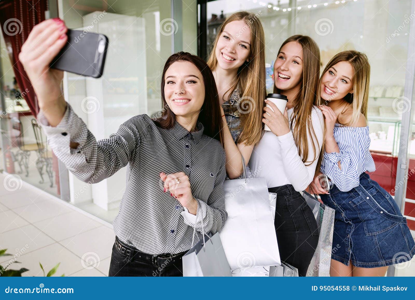Four Beautiful Girls Doing Selfie in Shopping Center Stock Photo ...