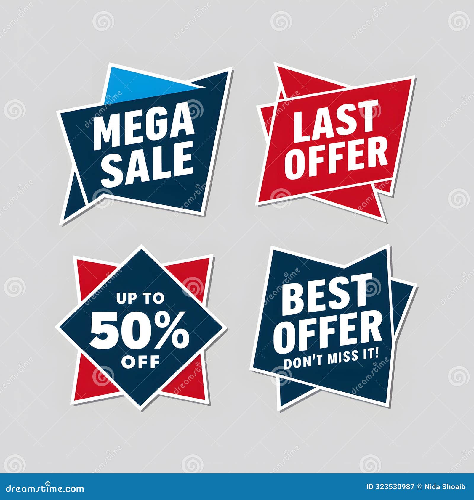 four blue and red promotional stickers with origami like folds and offers