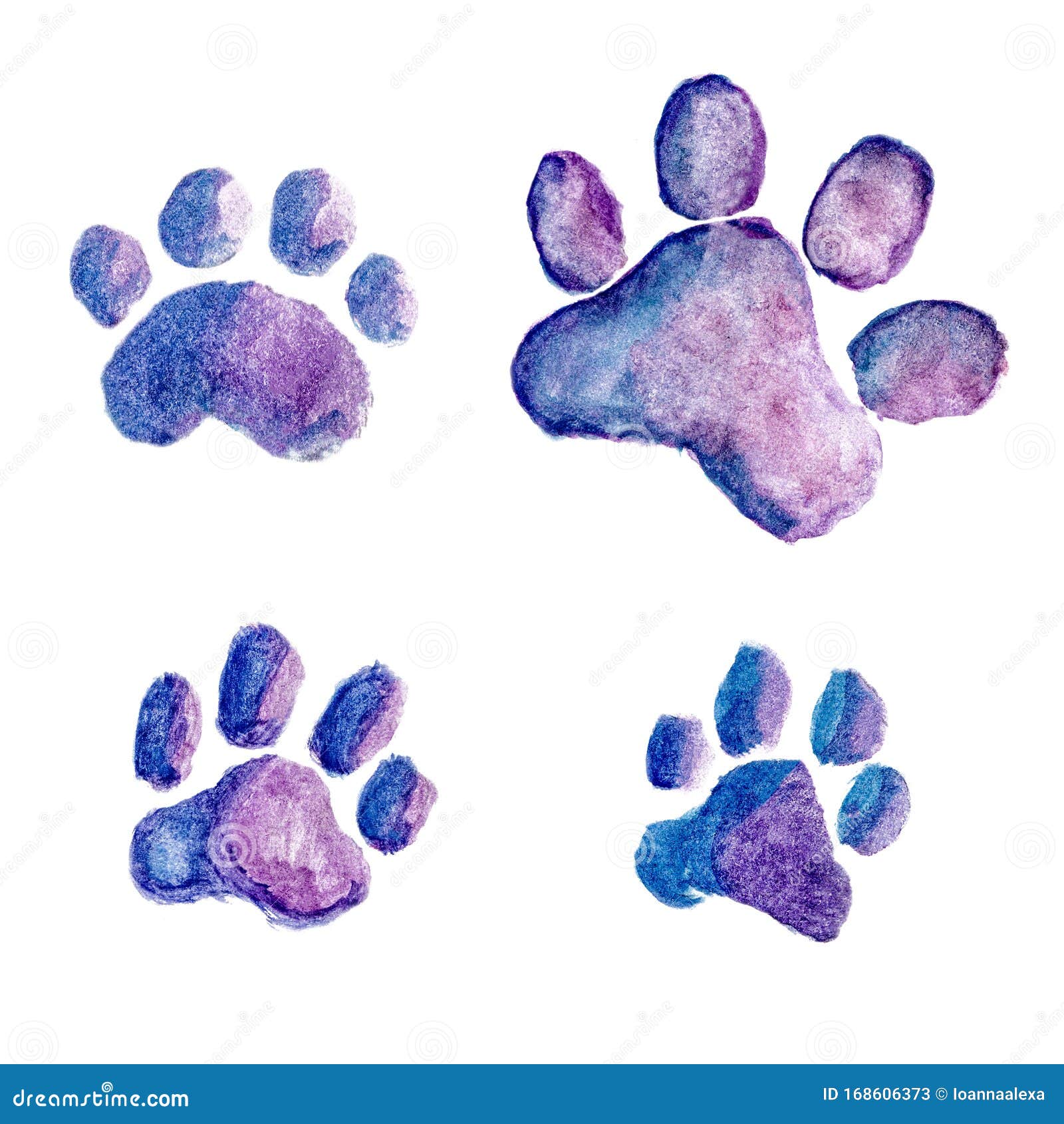 Four Blue-Violet Watercolor Dog Or Cat Footprints Isolated On White Background Stock Illustration - Illustration Of Paint, Primitive: 168606373