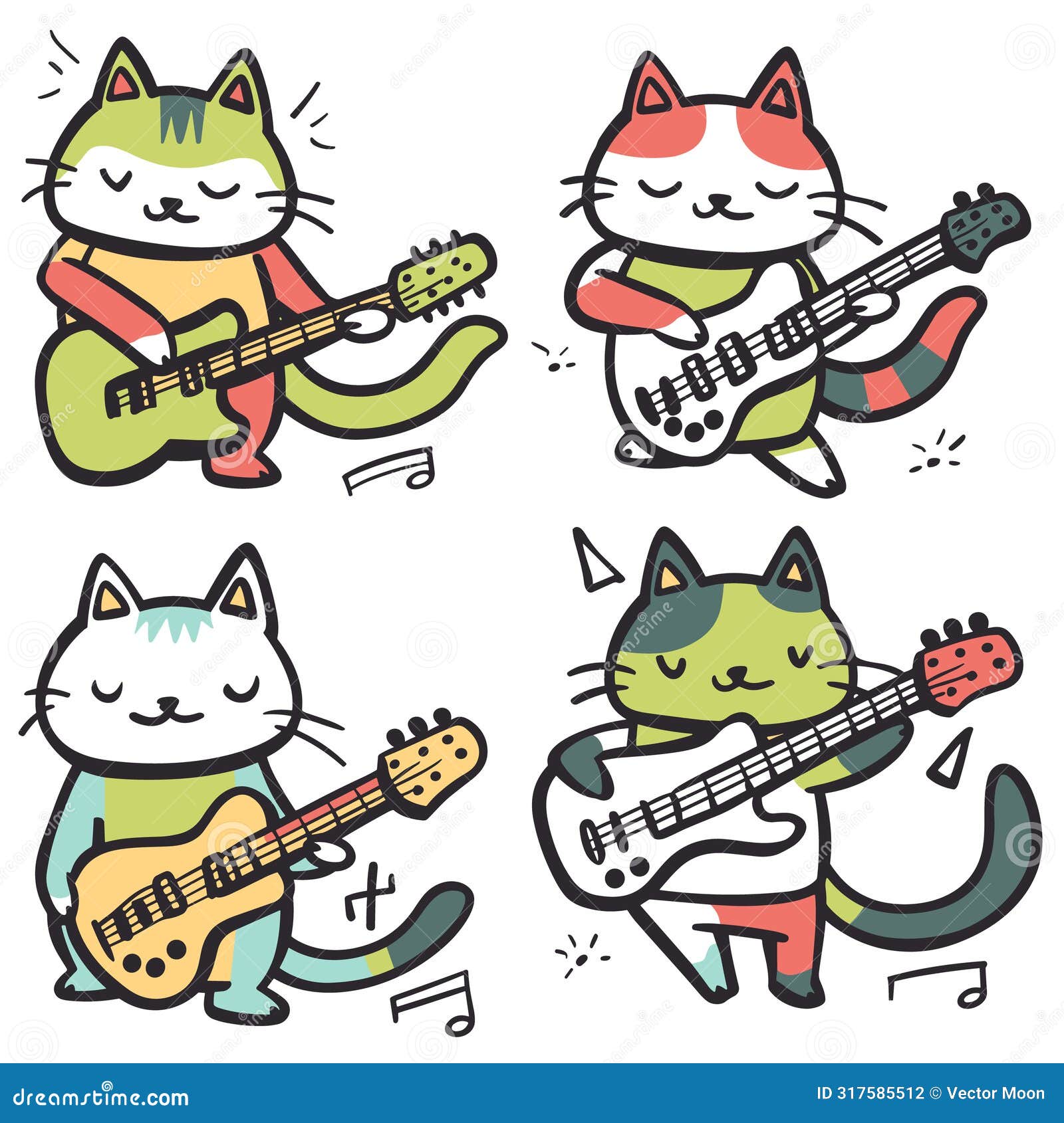 four cartoon cats playing electric guitars, colorful feline characters. cartoon cats perform band
