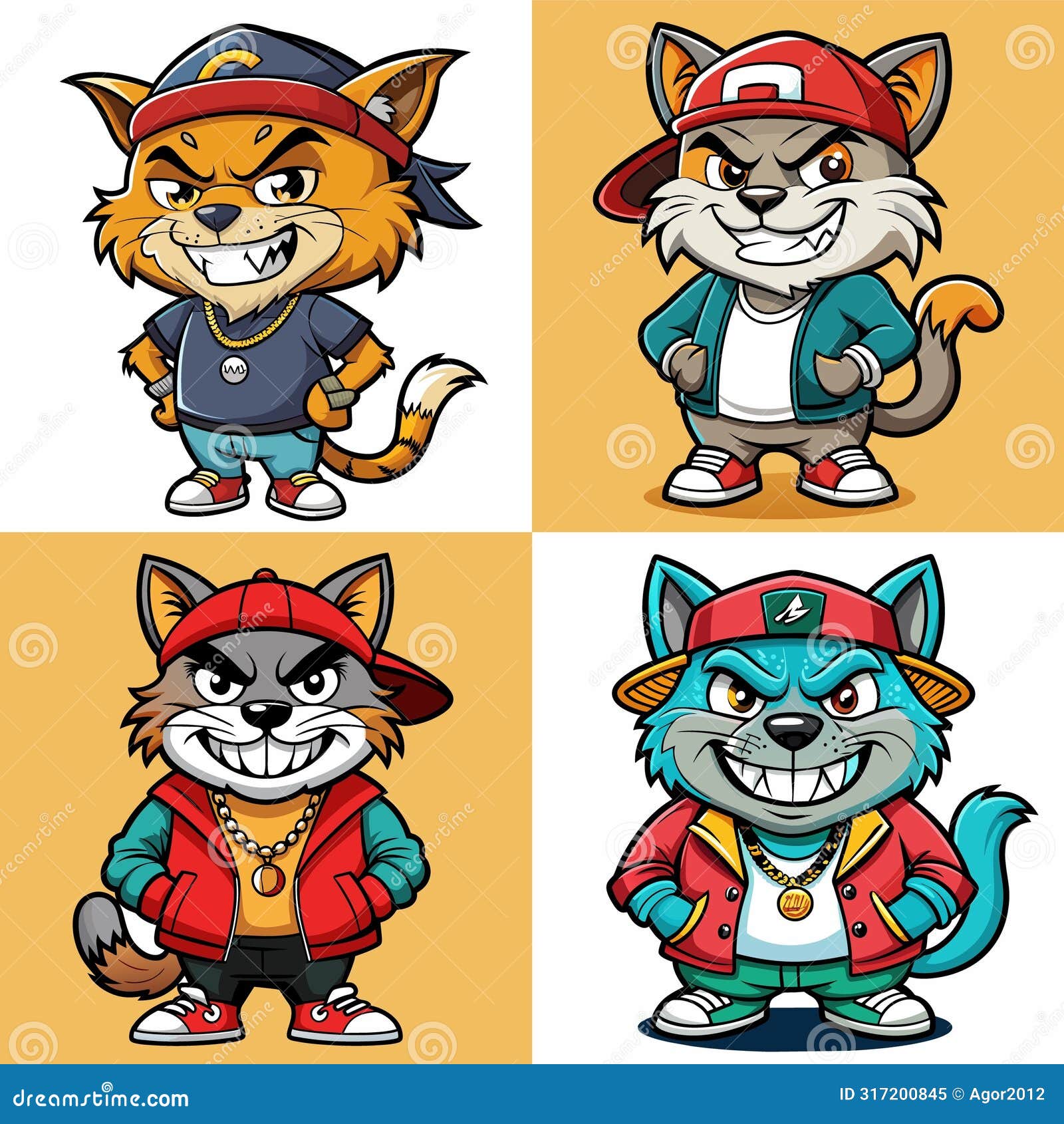 four cartoon cats in various outfits and hats