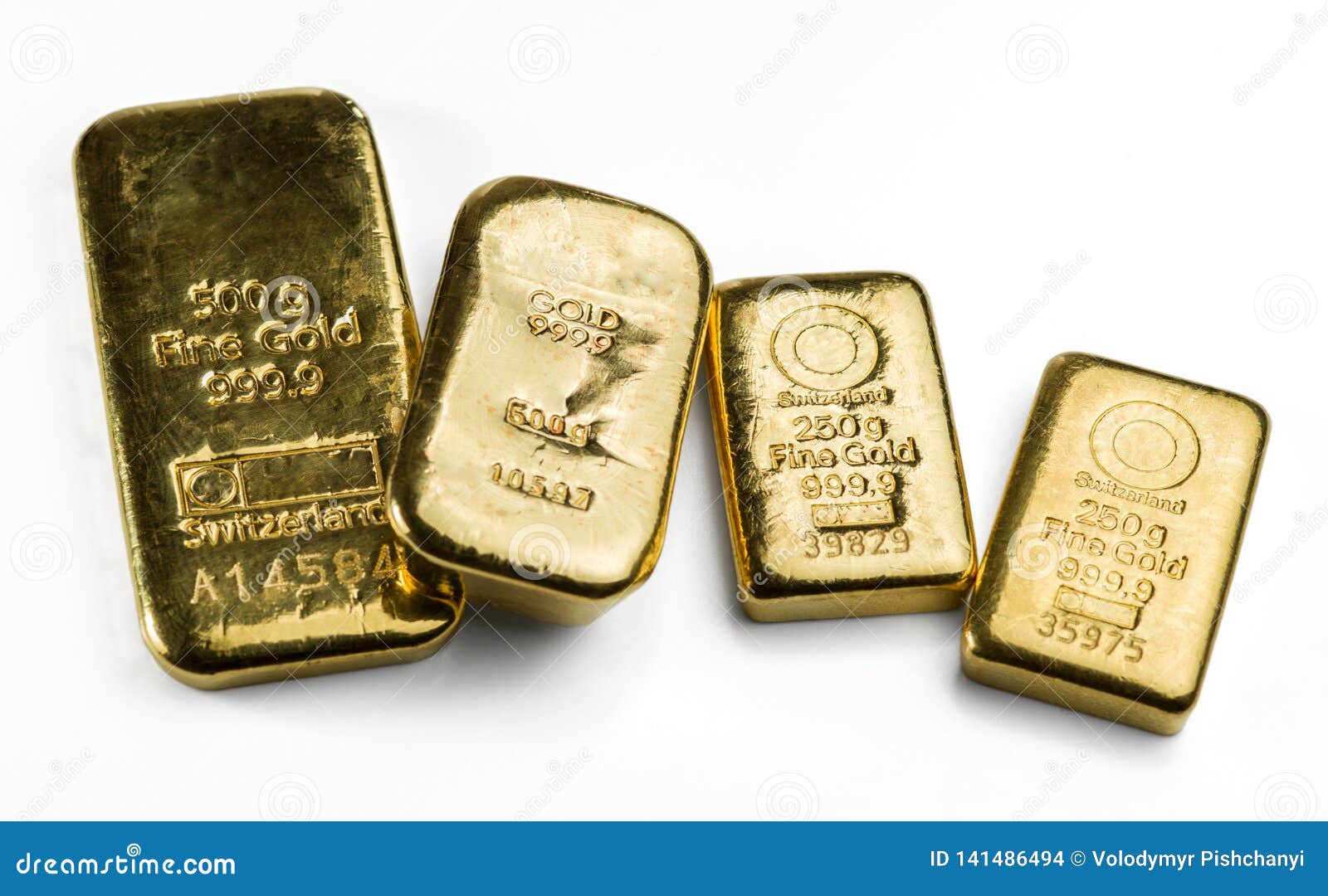 Four a Cast Gold Bars of Different Weight on White Stock Photo Image