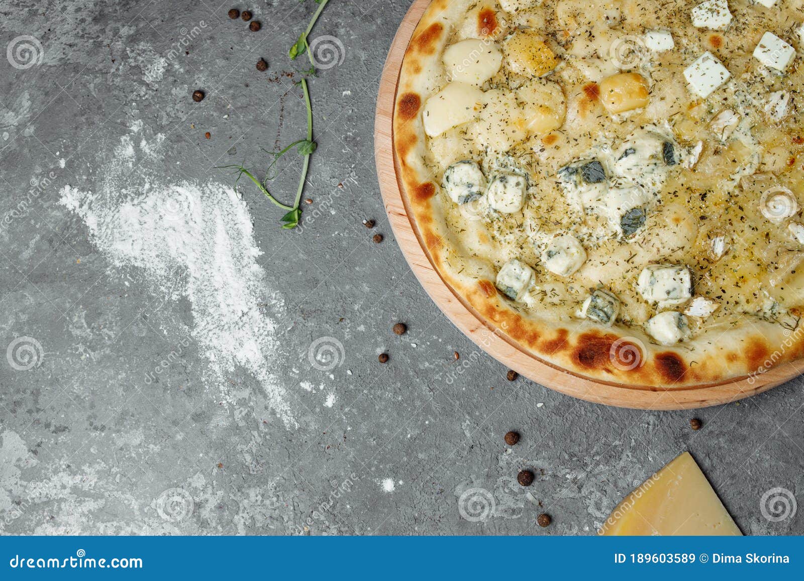 Four Cheese Pizza, Italian Pizza. Pizza Stuffed with Four Varieties of