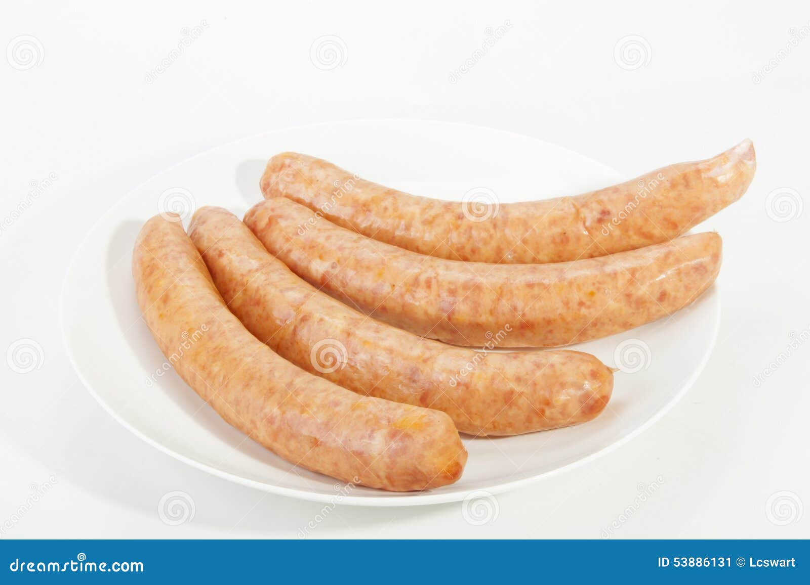 Four Cheesy Russian Sausages on White Plate Stock Image Image of