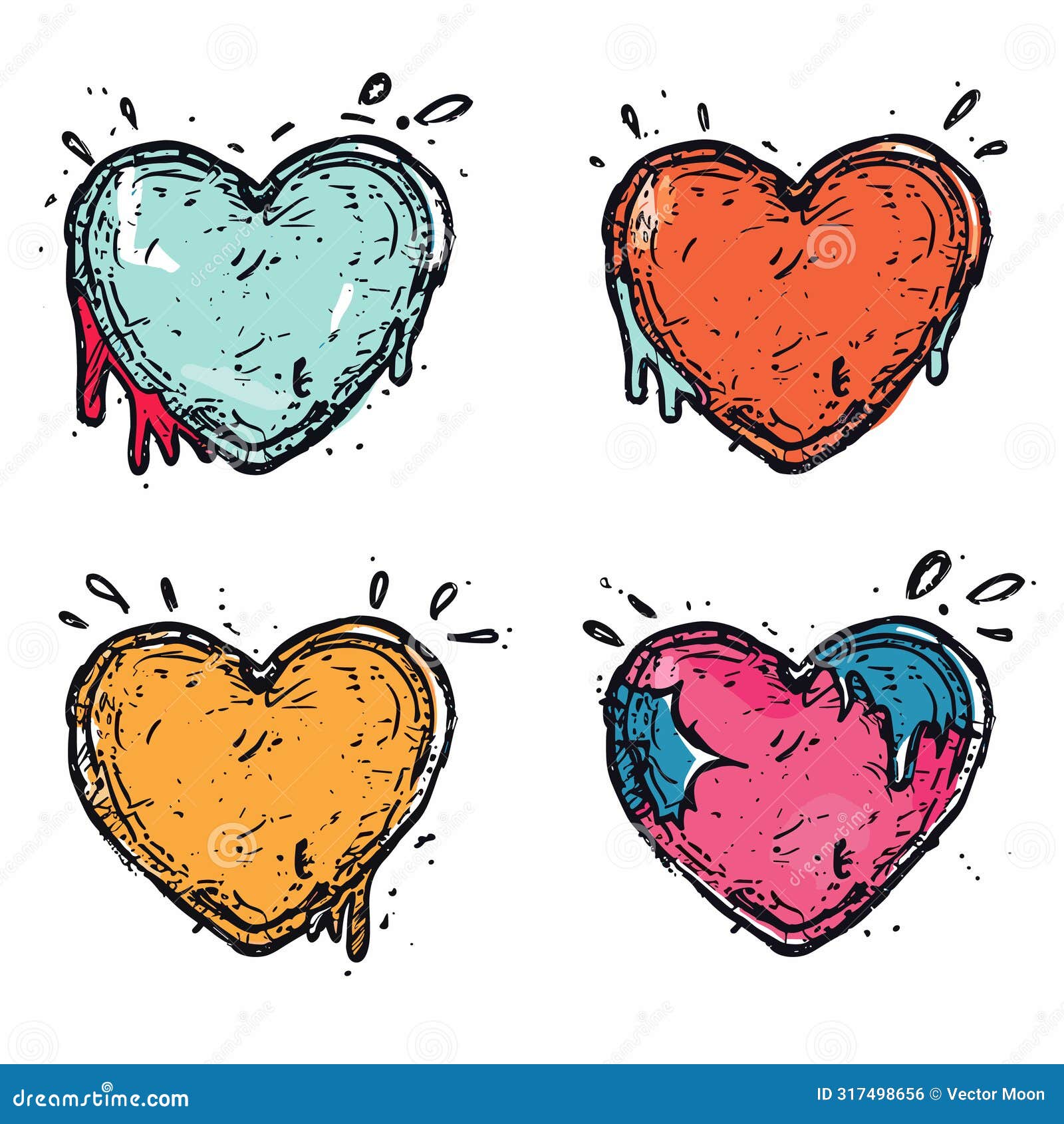 four colorful dripping hearts handdrawn style, distinct blue, red, yellow, pink hues