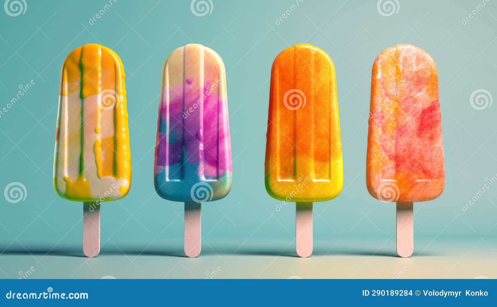 Four Colorful Popsicles with Various Flavors of Ice Cream on Sticks. Generative Ai Stock Photo