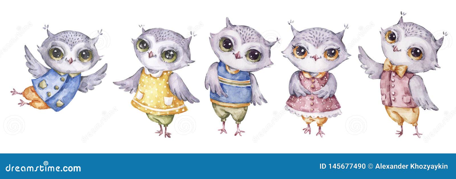 four cute aquarelle owls, set in childish style