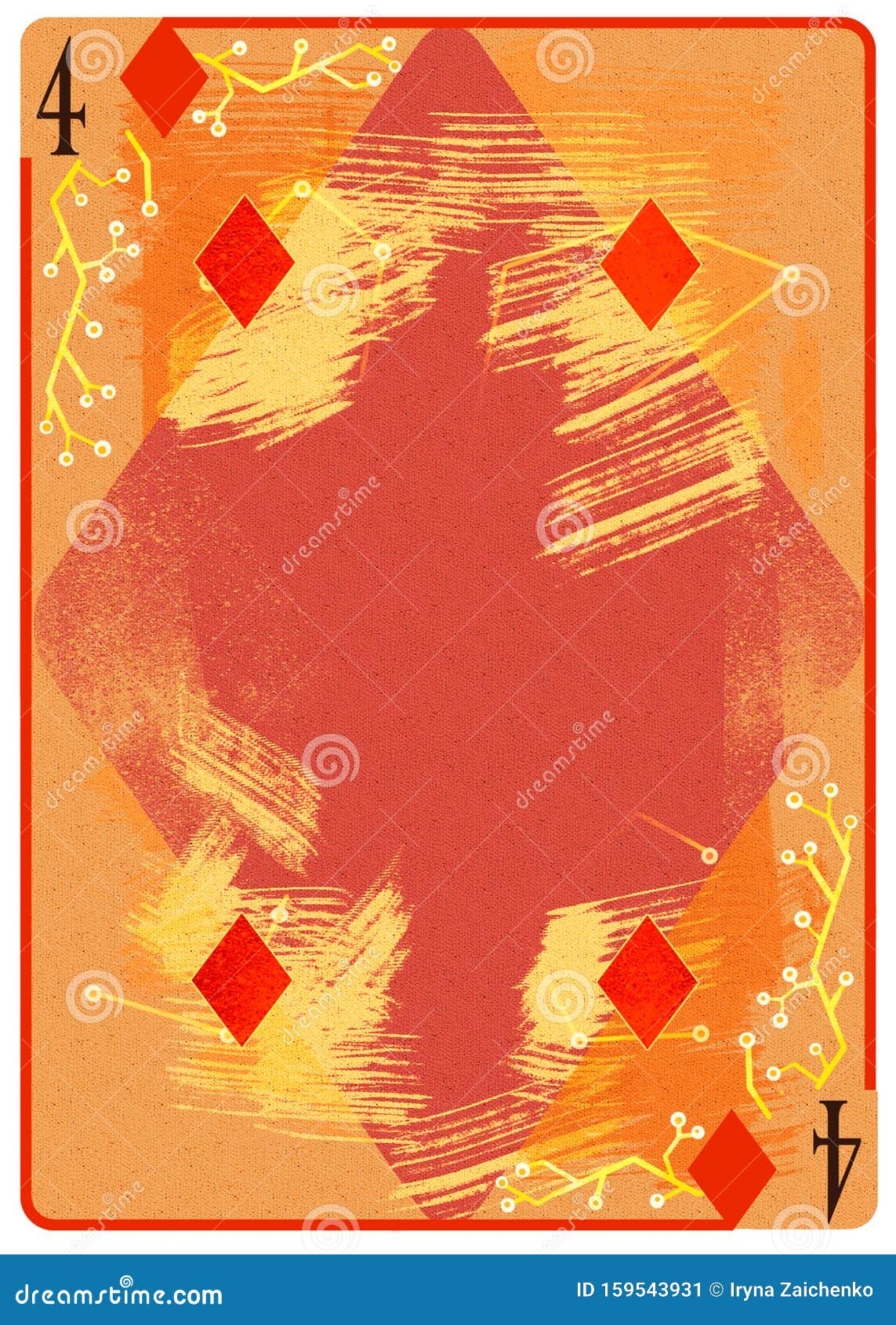 four of diamonds playing card. unique hand drawn pocker card. one of 52 cards in french card deck, english or anglo-american