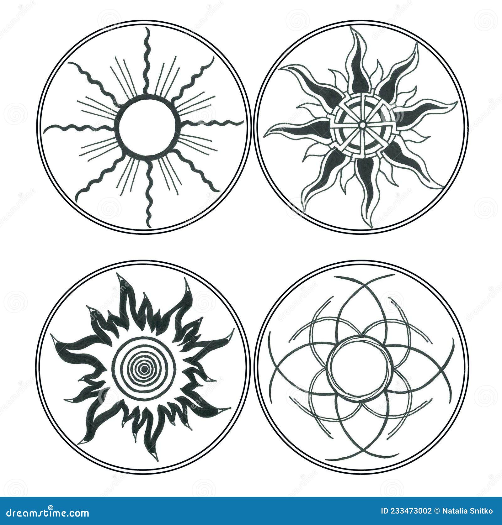 set of geometric stylized images of the sun in the circle frames