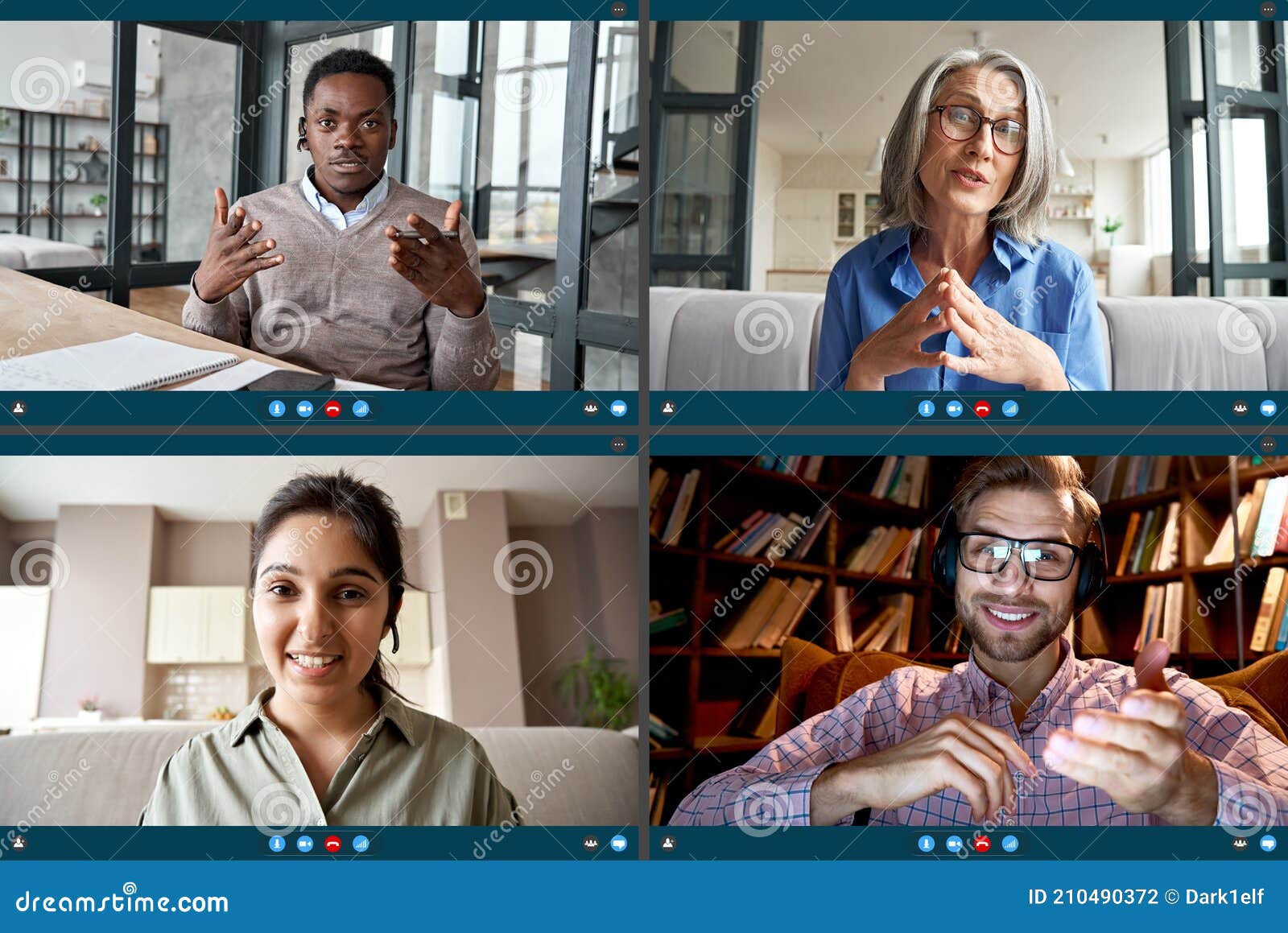 four diverse people participate virtual team meeting on video conference call.