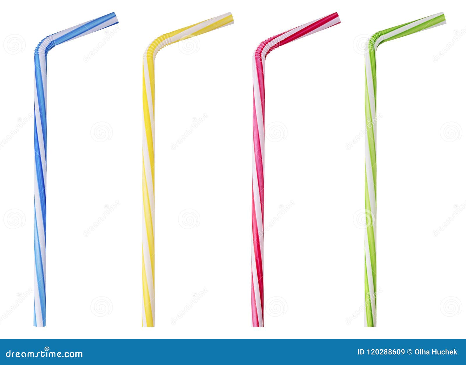 four drinking straw pink, blue, yellow, green striped