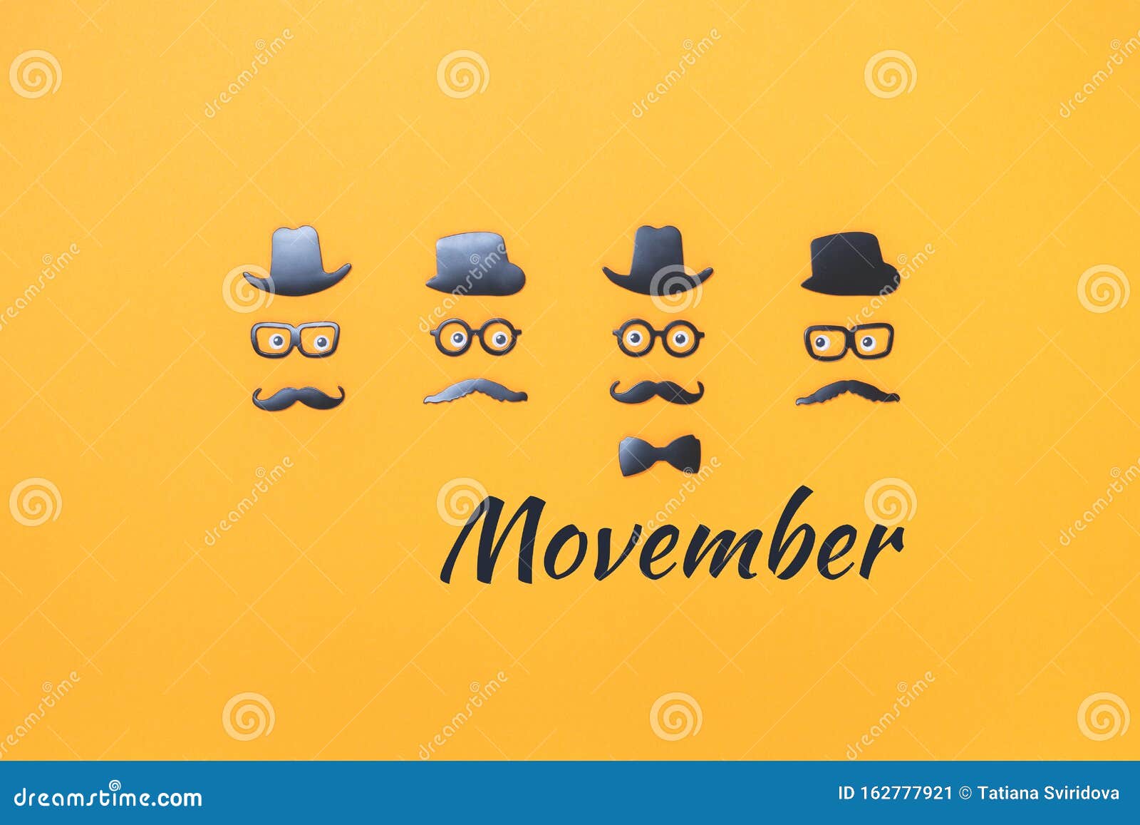 four faces with mustaches for movember on yellow orange