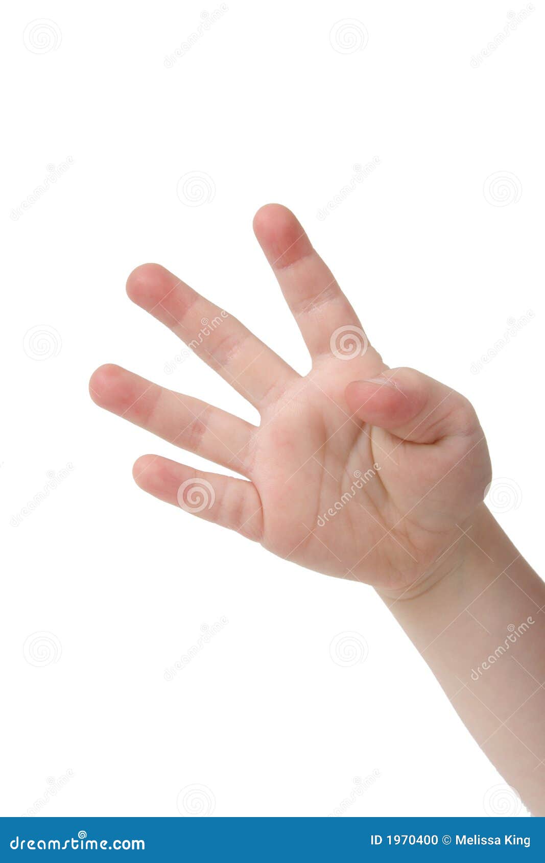 Four Hands Of Different Age Hold Up In The Air On White Stock