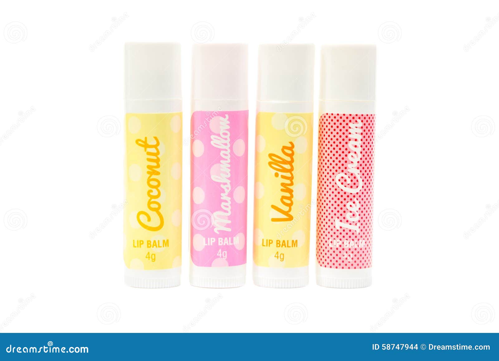 Four flavoured lip balms. stock photo. Image of cream 58747944
