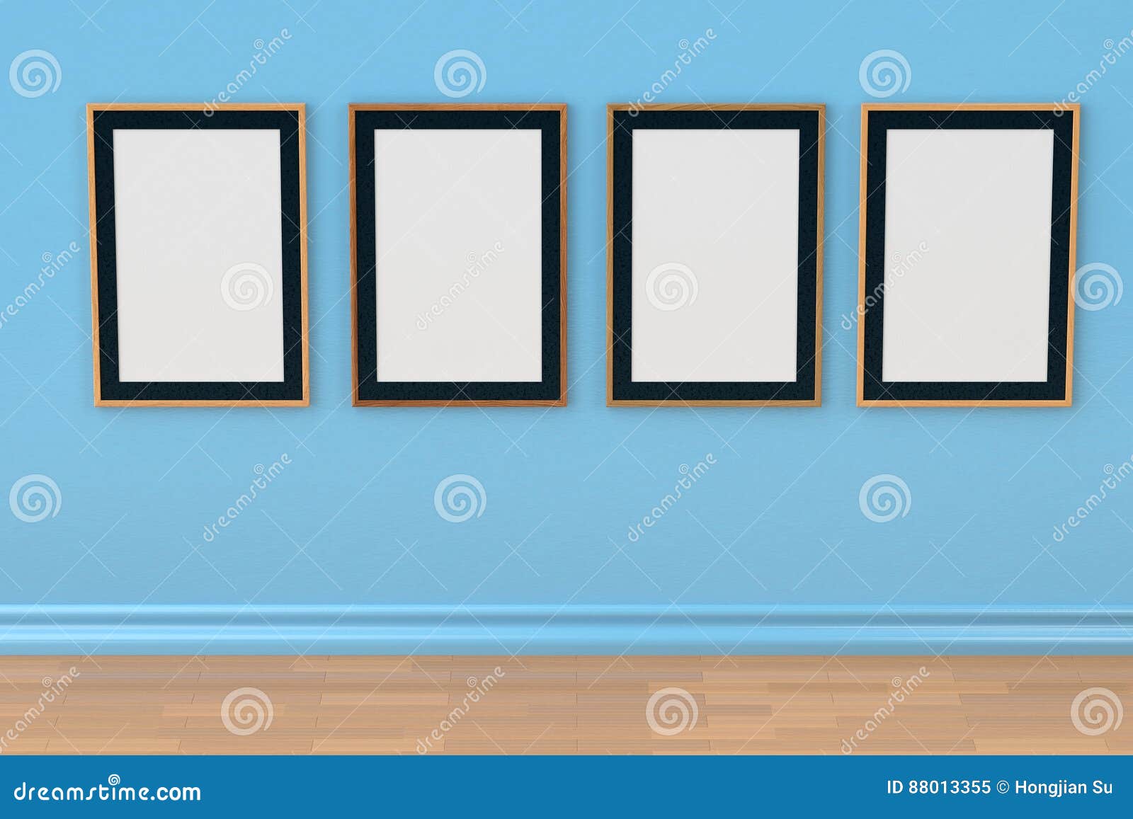 Four Frames on Blue Wall,3D Illustration. Stock Illustration