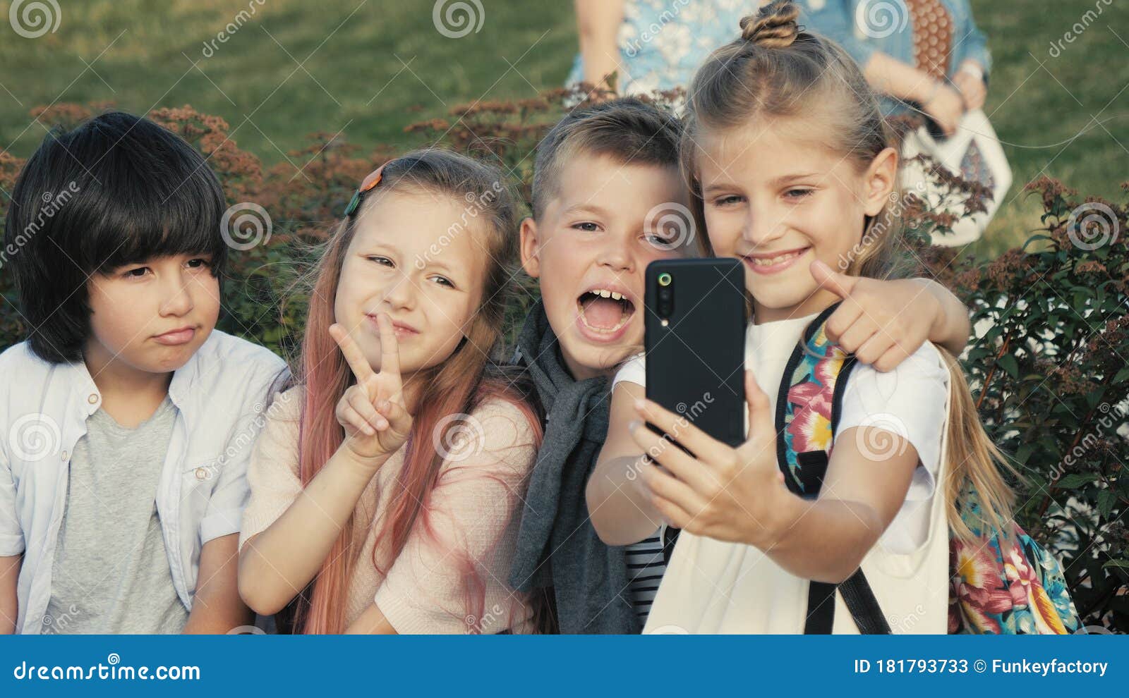 Four Funny Kids Taking Selfies Making Gestures and Smile. Stock Image ...