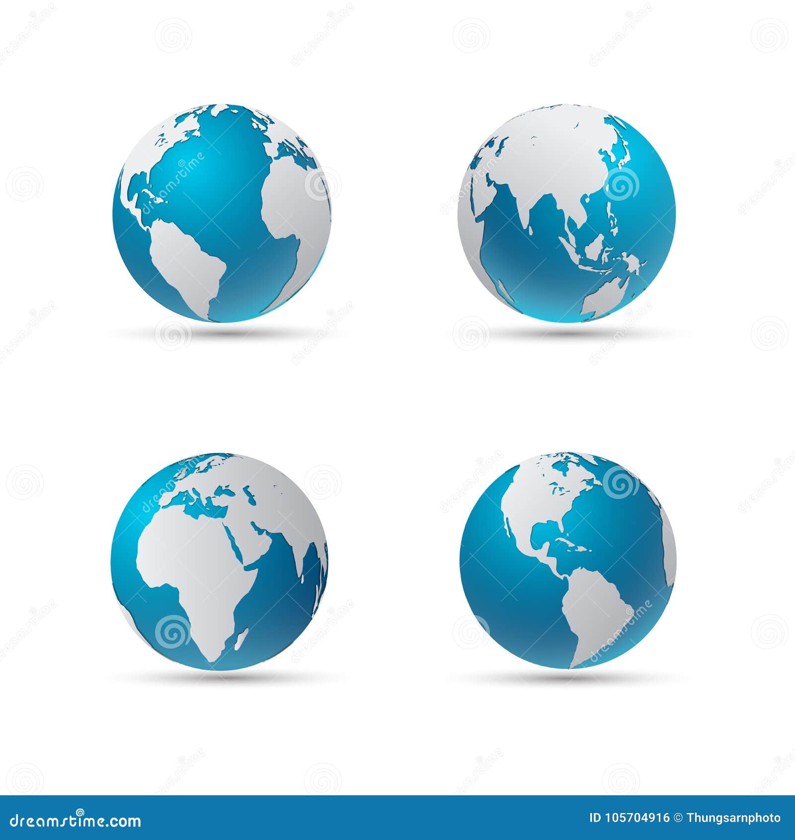 Four Globe Icons with Smooth Shadows and White Map of the Continents of ...